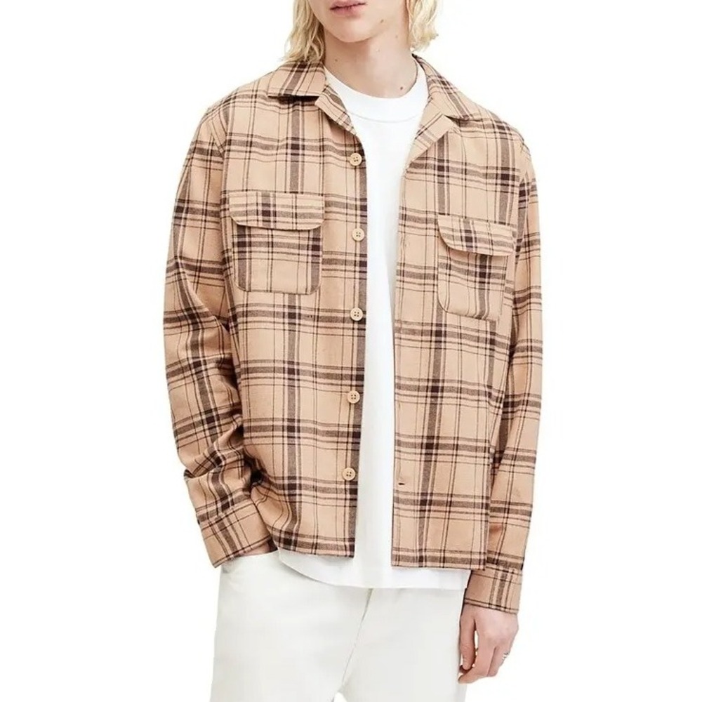 ALLSAINTS wendel relaxed fit camp shirt Mens XS Tan Plaid Utility Organic Cotton